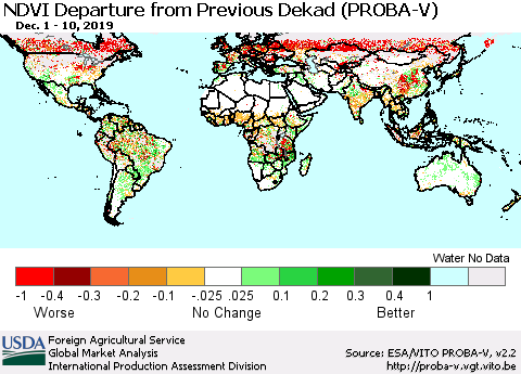 World NDVI Departure from Previous Dekad (PROBA-V) Thematic Map For 12/1/2019 - 12/10/2019