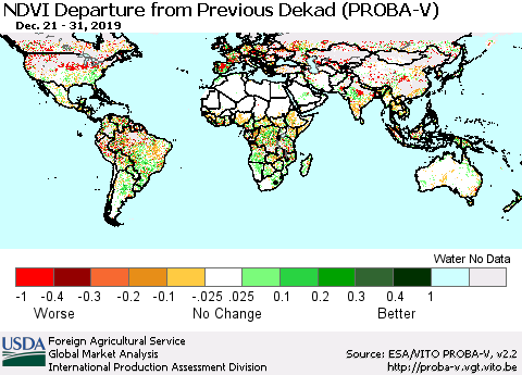World NDVI Departure from Previous Dekad (PROBA-V) Thematic Map For 12/21/2019 - 12/31/2019