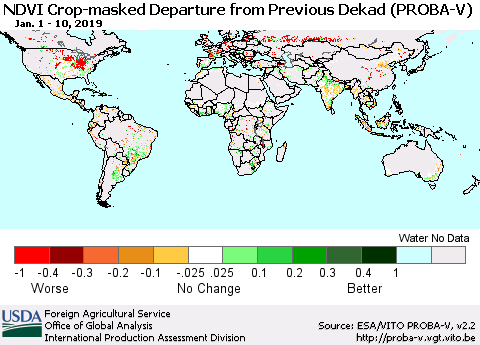 World NDVI Crop-masked Departure from Previous Dekad (PROBA-V) Thematic Map For 1/1/2019 - 1/10/2019