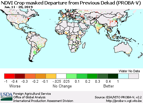 World NDVI Crop-masked Departure from Previous Dekad (PROBA-V) Thematic Map For 1/11/2019 - 1/20/2019