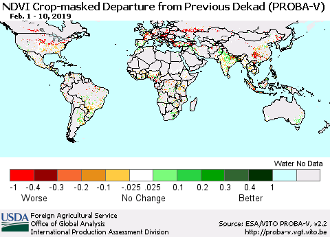 World NDVI Crop-masked Departure from Previous Dekad (PROBA-V) Thematic Map For 2/1/2019 - 2/10/2019