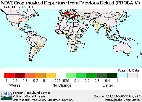 World NDVI Crop-masked Departure from Previous Dekad (PROBA-V) Thematic Map For 2/11/2019 - 2/20/2019