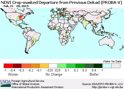 World NDVI Crop-masked Departure from Previous Dekad (PROBA-V) Thematic Map For 2/21/2019 - 2/28/2019