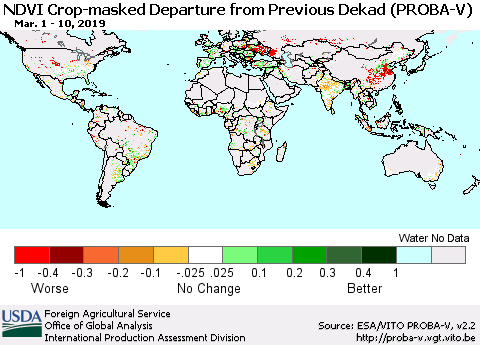 World NDVI Crop-masked Departure from Previous Dekad (PROBA-V) Thematic Map For 3/1/2019 - 3/10/2019