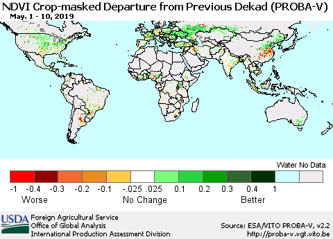 World NDVI Crop-masked Departure from Previous Dekad (PROBA-V) Thematic Map For 5/1/2019 - 5/10/2019