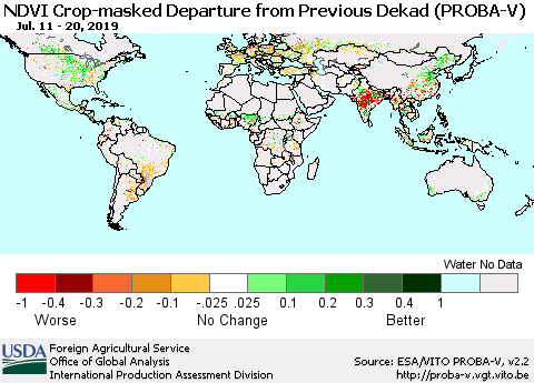 World NDVI Crop-masked Departure from Previous Dekad (PROBA-V) Thematic Map For 7/11/2019 - 7/20/2019