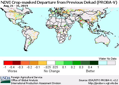World NDVI Crop-masked Departure from Previous Dekad (PROBA-V) Thematic Map For 8/21/2019 - 8/31/2019