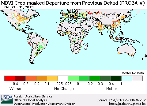 World NDVI Crop-masked Departure from Previous Dekad (PROBA-V) Thematic Map For 10/21/2019 - 10/31/2019