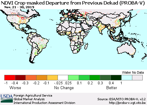World NDVI Crop-masked Departure from Previous Dekad (PROBA-V) Thematic Map For 11/21/2019 - 11/30/2019