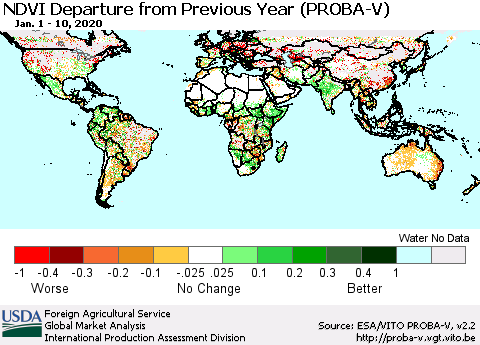 World NDVI Departure from Previous Year (PROBA-V) Thematic Map For 1/1/2020 - 1/10/2020