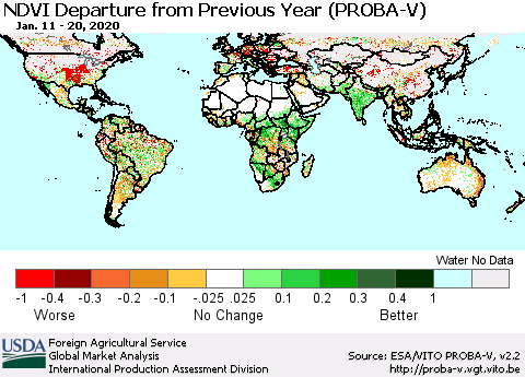 World NDVI Departure from Previous Year (PROBA-V) Thematic Map For 1/11/2020 - 1/20/2020