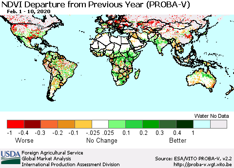 World NDVI Departure from Previous Year (PROBA-V) Thematic Map For 2/1/2020 - 2/10/2020