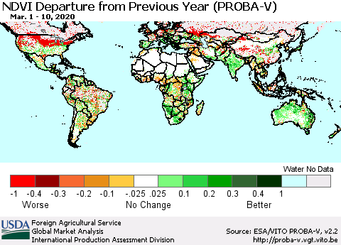 World NDVI Departure from Previous Year (PROBA-V) Thematic Map For 3/1/2020 - 3/10/2020