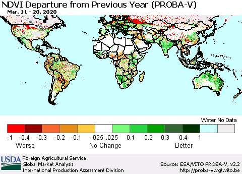 World NDVI Departure from Previous Year (PROBA-V) Thematic Map For 3/11/2020 - 3/20/2020