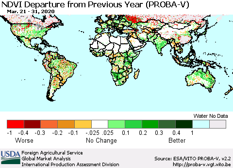 World NDVI Departure from Previous Year (PROBA-V) Thematic Map For 3/21/2020 - 3/31/2020