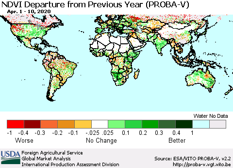 World NDVI Departure from Previous Year (PROBA-V) Thematic Map For 4/1/2020 - 4/10/2020