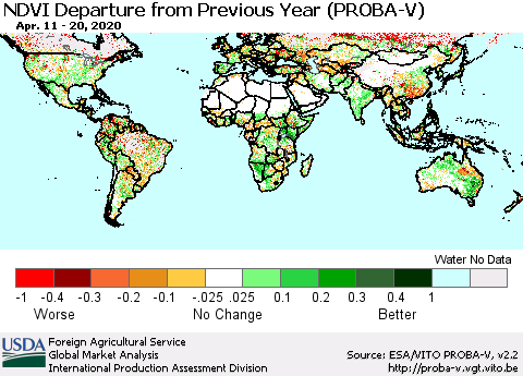 World NDVI Departure from Previous Year (PROBA-V) Thematic Map For 4/11/2020 - 4/20/2020