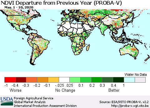 World NDVI Departure from Previous Year (PROBA-V) Thematic Map For 5/1/2020 - 5/10/2020