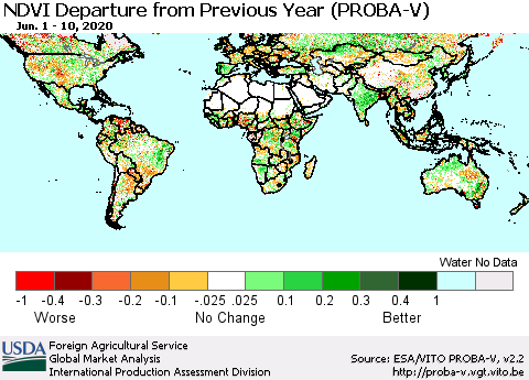 World NDVI Departure from Previous Year (PROBA-V) Thematic Map For 6/1/2020 - 6/10/2020