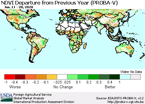 World NDVI Departure from Previous Year (PROBA-V) Thematic Map For 6/11/2020 - 6/20/2020