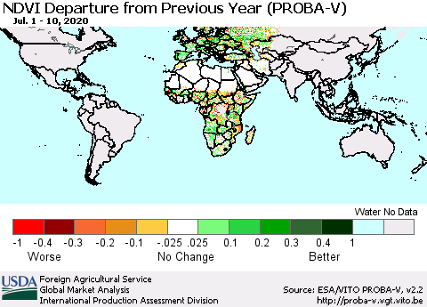 World NDVI Departure from Previous Year (PROBA-V) Thematic Map For 7/1/2020 - 7/10/2020
