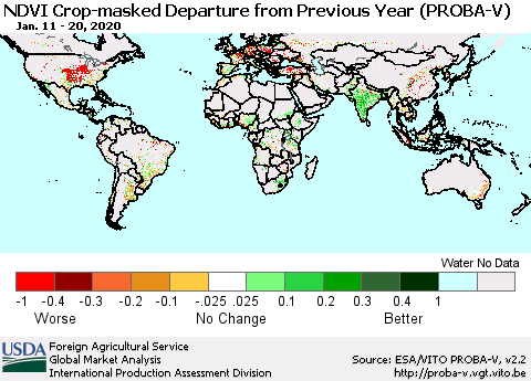 World NDVI Crop-masked Departure from Previous Year (PROBA-V) Thematic Map For 1/11/2020 - 1/20/2020