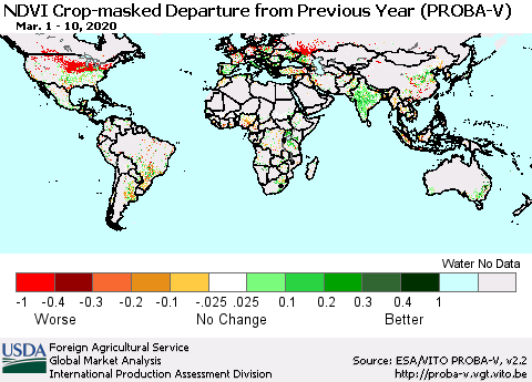 World NDVI Crop-masked Departure from Previous Year (PROBA-V) Thematic Map For 3/1/2020 - 3/10/2020