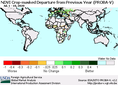 World NDVI Crop-masked Departure from Previous Year (PROBA-V) Thematic Map For 7/1/2020 - 7/10/2020