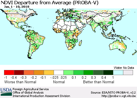 World NDVI Departure from Average (PROBA-V) Thematic Map For 1/1/2018 - 1/10/2018