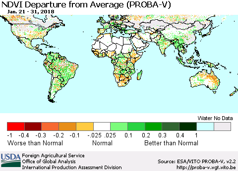 World NDVI Departure from Average (PROBA-V) Thematic Map For 1/21/2018 - 1/31/2018
