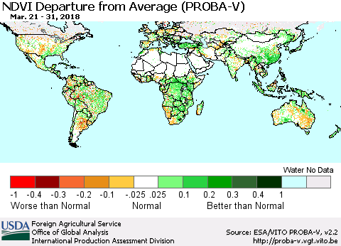 World NDVI Departure from Average (PROBA-V) Thematic Map For 3/21/2018 - 3/31/2018