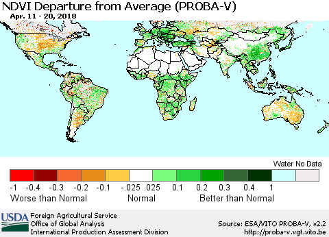 World NDVI Departure from Average (PROBA-V) Thematic Map For 4/11/2018 - 4/20/2018