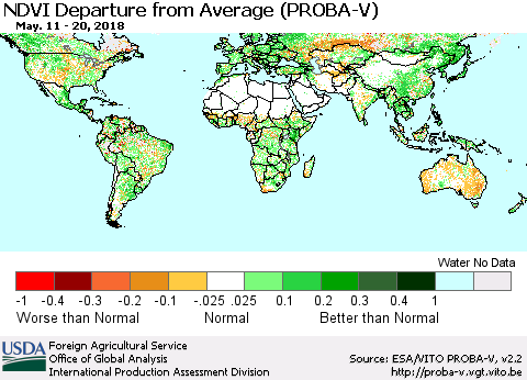 World NDVI Departure from Average (PROBA-V) Thematic Map For 5/11/2018 - 5/20/2018