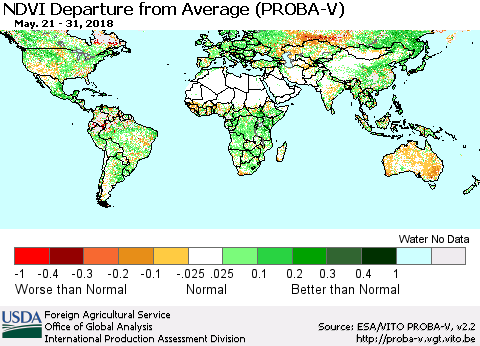 World NDVI Departure from Average (PROBA-V) Thematic Map For 5/21/2018 - 5/31/2018