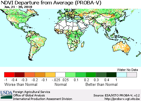 World NDVI Departure from Average (PROBA-V) Thematic Map For 6/21/2018 - 6/30/2018