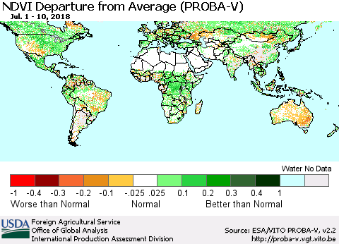 World NDVI Departure from Average (PROBA-V) Thematic Map For 7/1/2018 - 7/10/2018