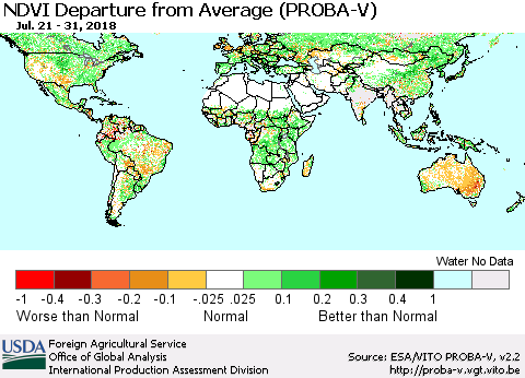 World NDVI Departure from Average (PROBA-V) Thematic Map For 7/21/2018 - 7/31/2018