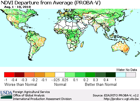World NDVI Departure from Average (PROBA-V) Thematic Map For 8/1/2018 - 8/10/2018