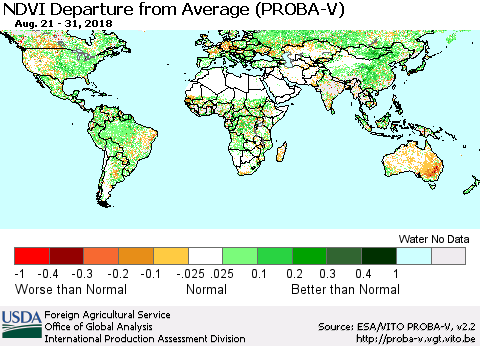 World NDVI Departure from Average (PROBA-V) Thematic Map For 8/21/2018 - 8/31/2018