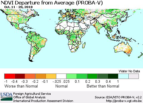 World NDVI Departure from Average (PROBA-V) Thematic Map For 10/11/2018 - 10/20/2018