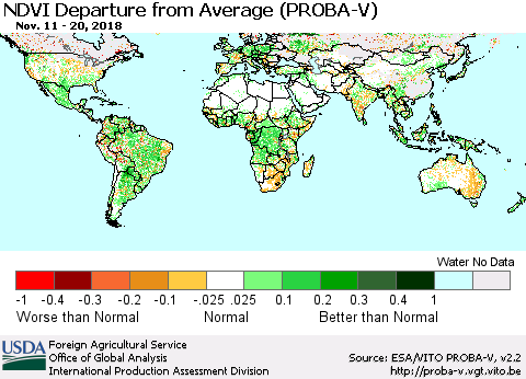 World NDVI Departure from Average (PROBA-V) Thematic Map For 11/11/2018 - 11/20/2018