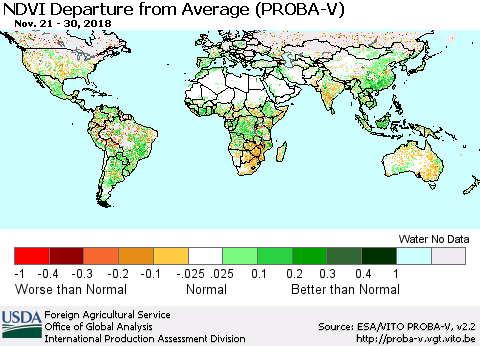 World NDVI Departure from Average (PROBA-V) Thematic Map For 11/21/2018 - 11/30/2018