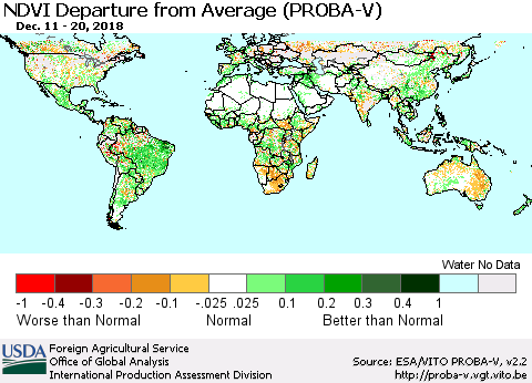 World NDVI Departure from Average (PROBA-V) Thematic Map For 12/11/2018 - 12/20/2018