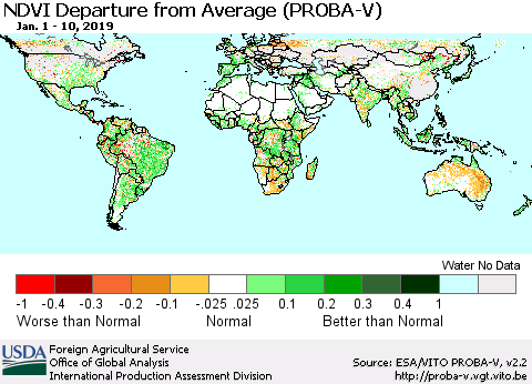 World NDVI Departure from Average (PROBA-V) Thematic Map For 1/1/2019 - 1/10/2019