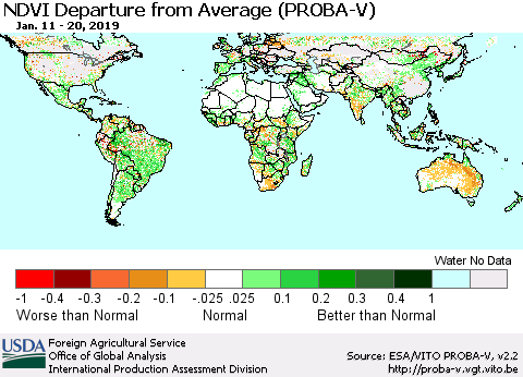 World NDVI Departure from Average (PROBA-V) Thematic Map For 1/11/2019 - 1/20/2019