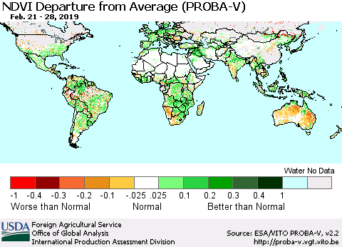 World NDVI Departure from Average (PROBA-V) Thematic Map For 2/21/2019 - 2/28/2019