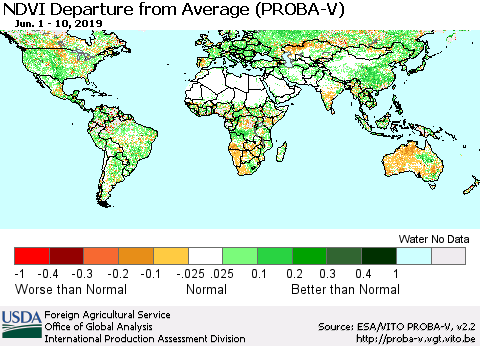 World NDVI Departure from Average (PROBA-V) Thematic Map For 6/1/2019 - 6/10/2019