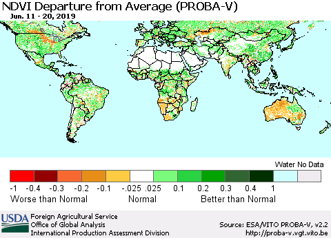 World NDVI Departure from Average (PROBA-V) Thematic Map For 6/11/2019 - 6/20/2019