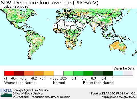 World NDVI Departure from Average (PROBA-V) Thematic Map For 7/1/2019 - 7/10/2019