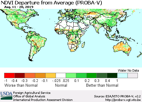 World NDVI Departure from Average (PROBA-V) Thematic Map For 8/11/2019 - 8/20/2019